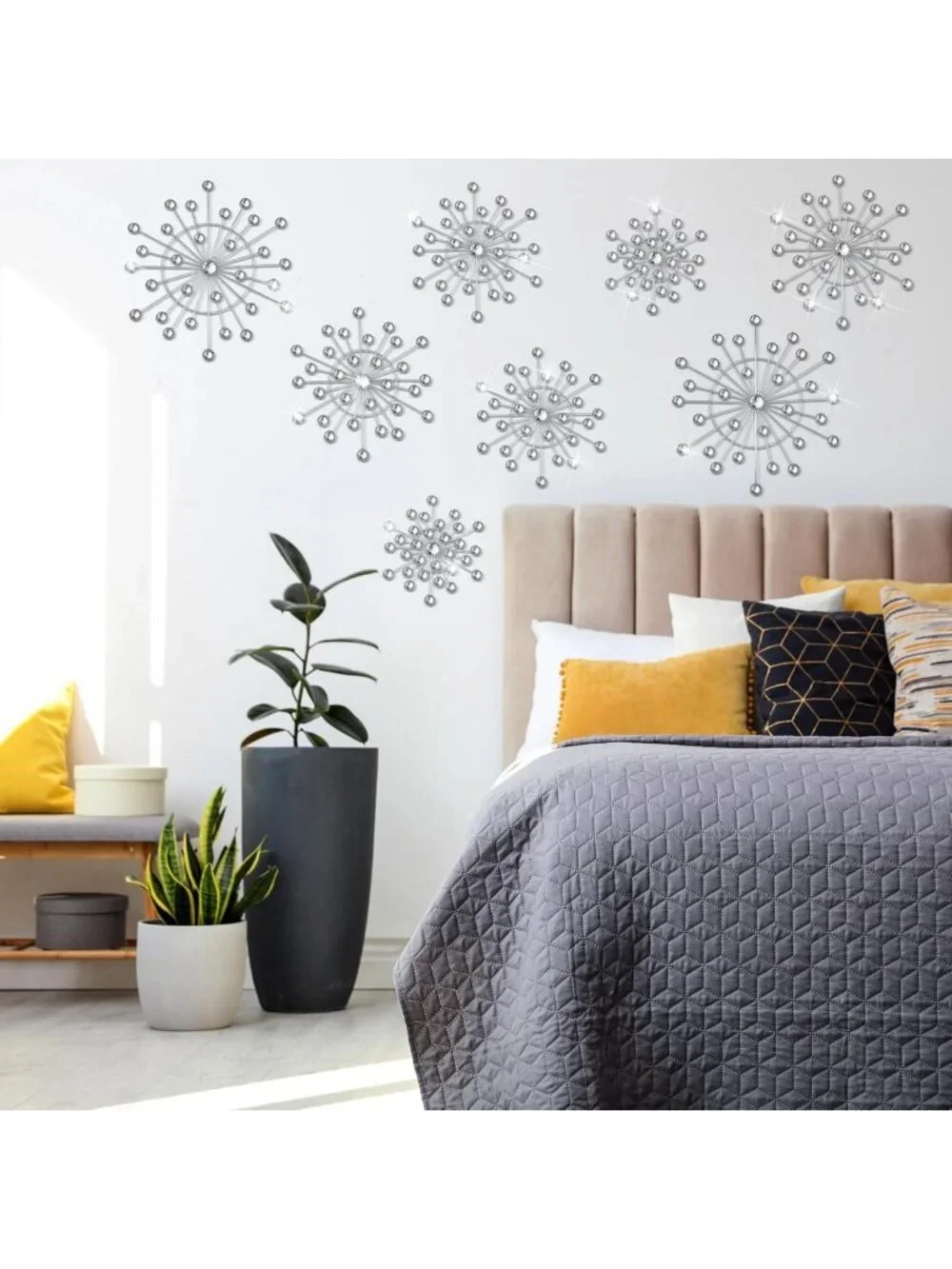 8 Pcs Bling Crystal Metal Wall Decor - Sunburst Starburst Art for Home & Living